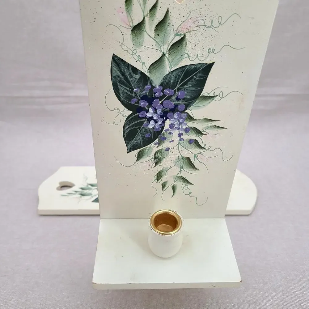 Cottagecore Gallery Wall Accent: Pair Candle Holders Handpainted Floral Purple
